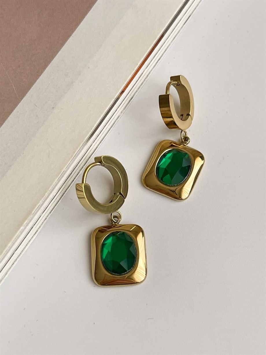 Çelik Yeşil Taşlı Küpe (3 Cm)