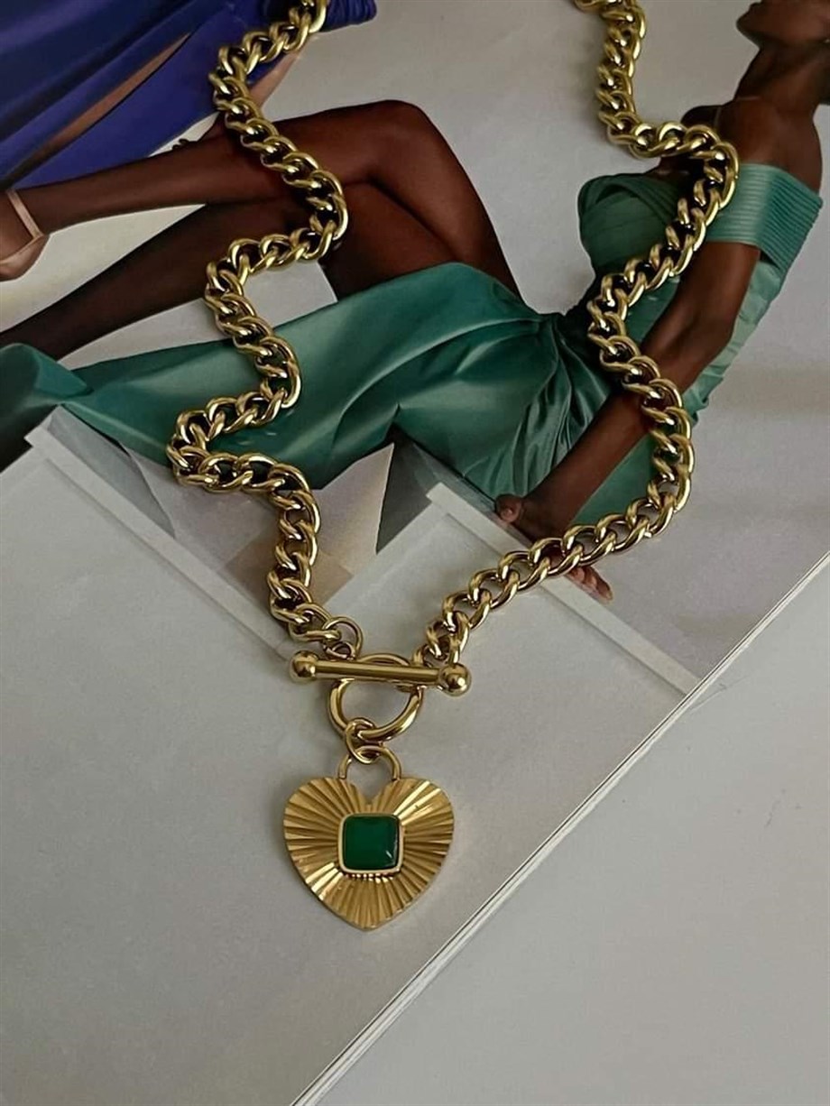 Çelik Yeşil Taşlı Vintage Kalpli Kolye (47 Cm)