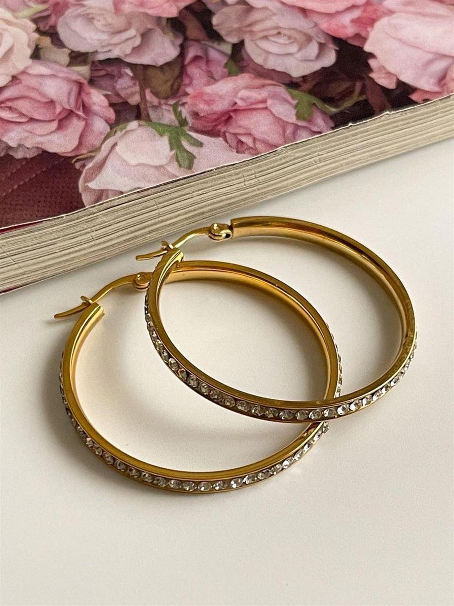 Çelik Zirkon Taşlı Gold Büyük Halka Küpe (4 Cm)