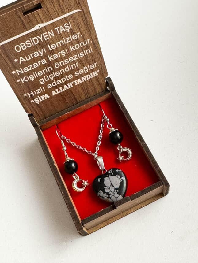 Doğal Obsidyen Taşı Kolye Ve Küpe Gümüş Renk Takım