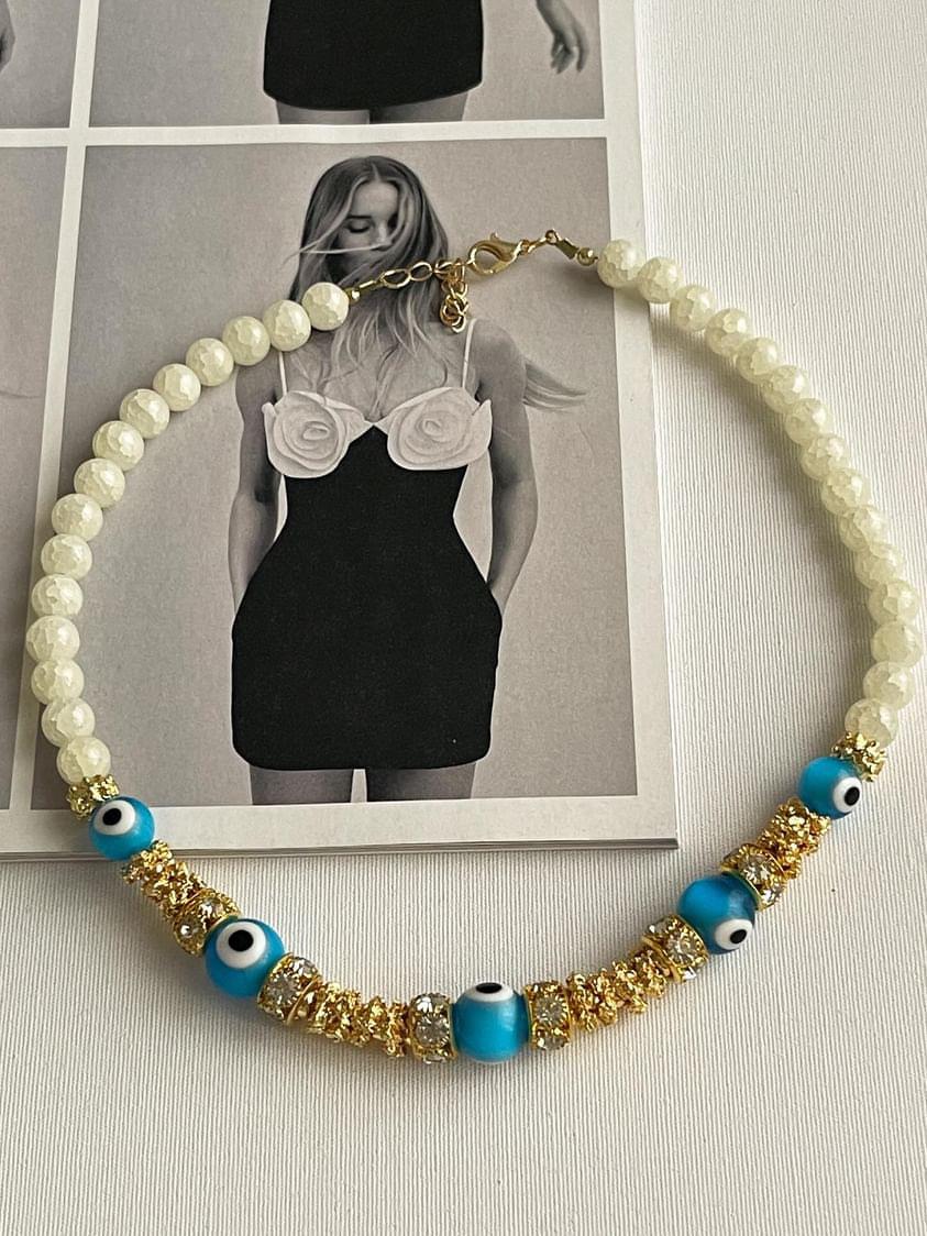 Ekru Gold Cam Nazar Boncuklu Summer Kolye (44 Cm)