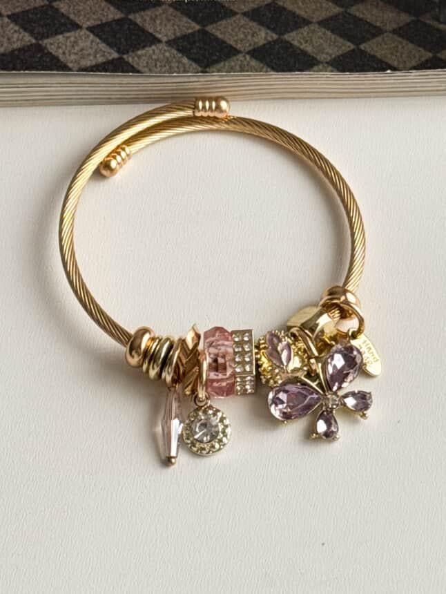 Gold Pandora Lila Çiçekli Kelepçe Bileklik 