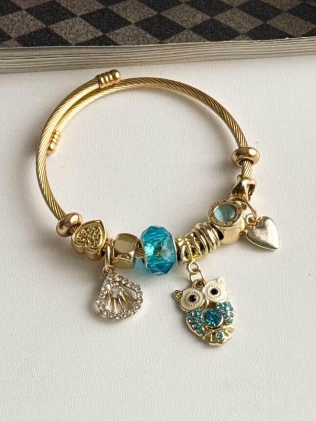 Gold Pandora Mavi Baykuşlu Kelepçe Bileklik