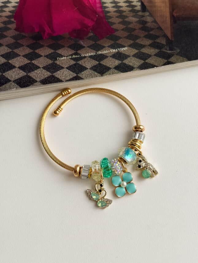 Gold Pandora Mavi Çiçekli Kelepçe Bileklik 