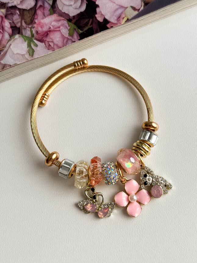 Gold Pandora Pembe Çiçekli Kelepçe Bileklik 