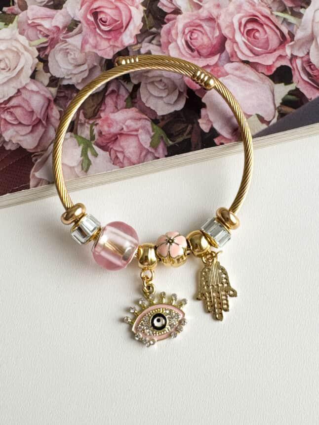 Gold Pandora Pembe Göz Kelepçe Bileklik 