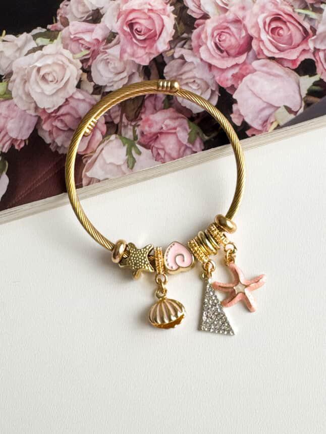 Gold Pandora Pembe Yıldızlı Kelepçe Bileklik 