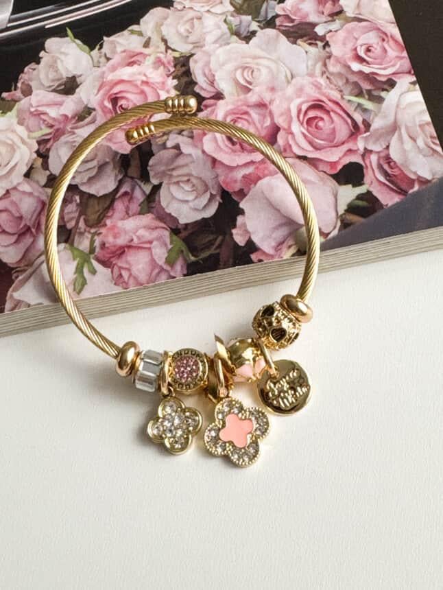 Gold Pandora Pudra Çiçek Kelepçe Bilezik 