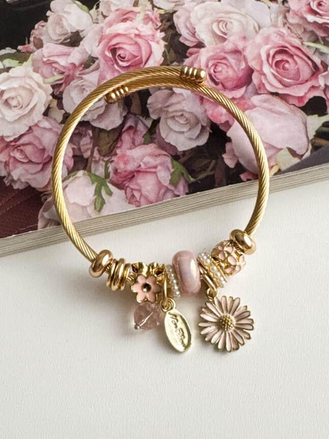 Gold Pandora Pudra Çiçekli Kelepçe Bileklik