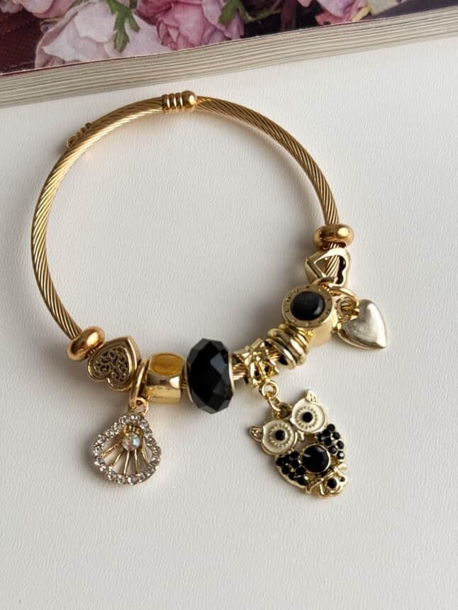 Gold Pandora Siyah Baykuşlu Kelepçe Bileklik 