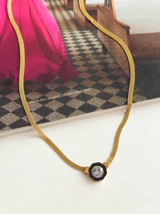 Gold Siyah Örgü Zincir Serenay Kolye (46 Cm)