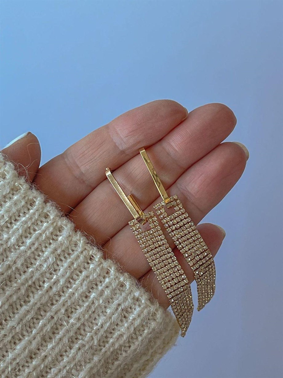 Gold Taşlı Özel Küpe (8 Cm)