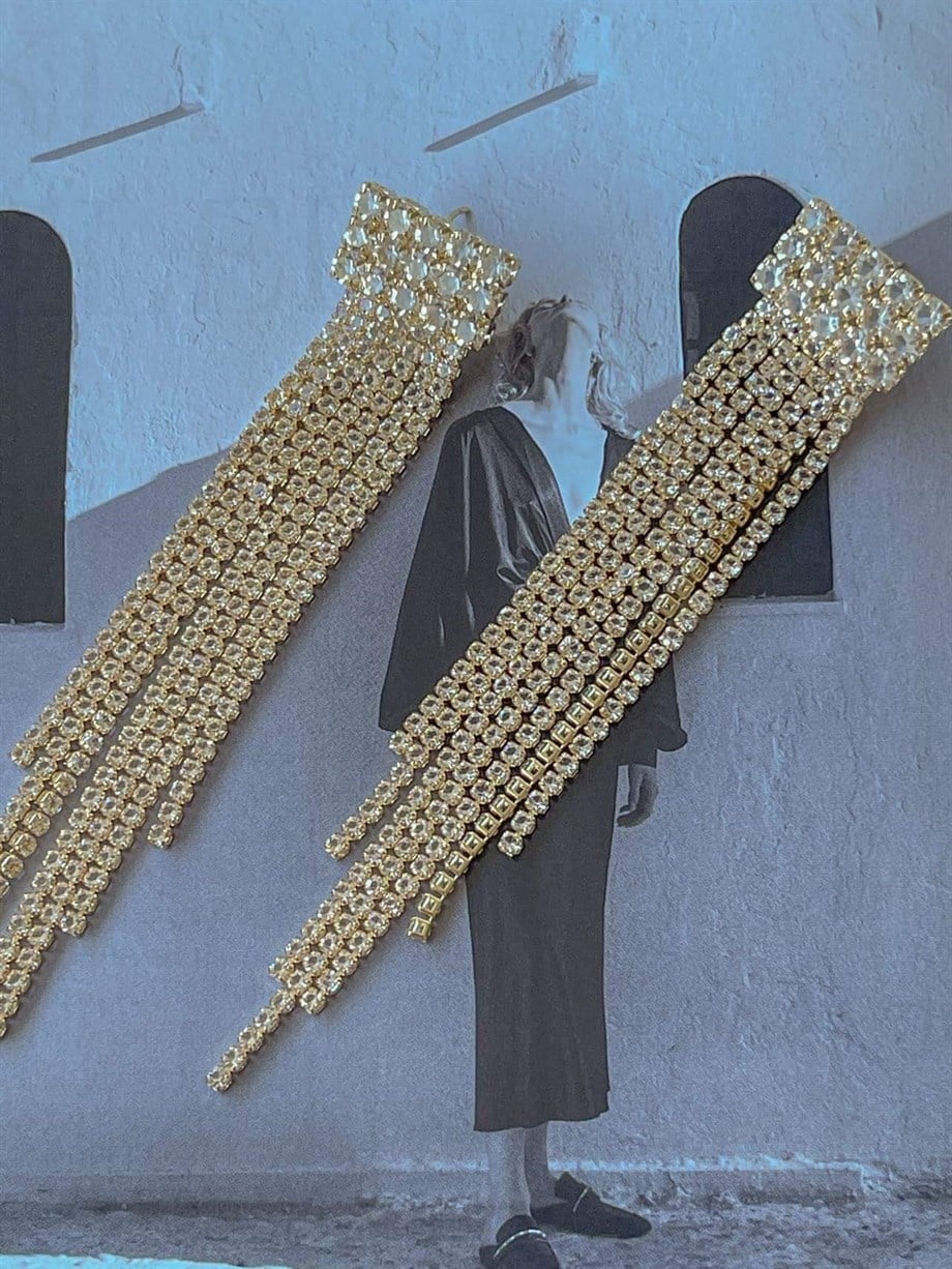 Gold Taşlı Özel Sallantılı Küpe (10 Cm)