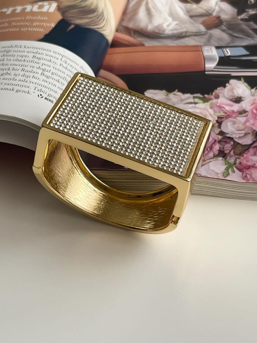 Gold Zirkon Taşlı Kare Kelepçe Bileklik 