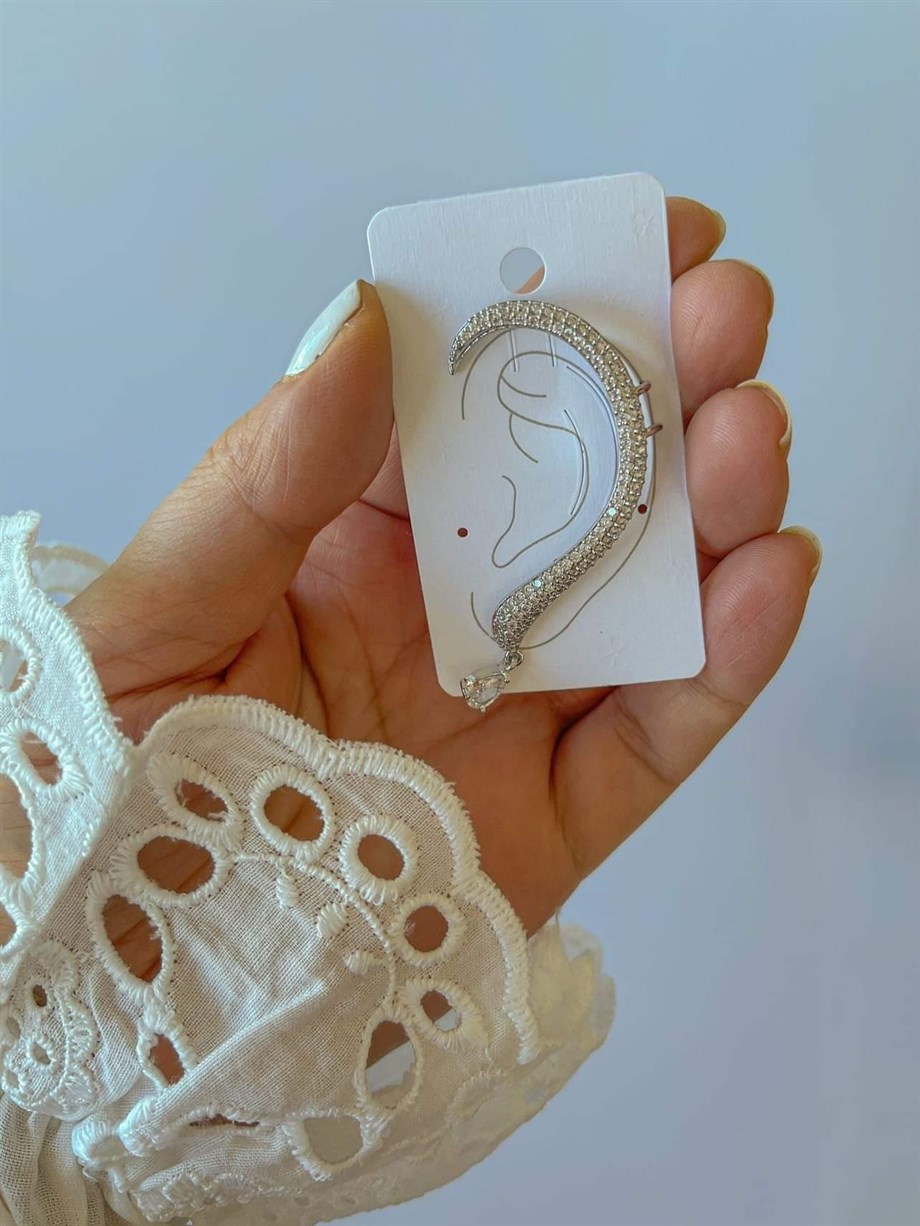 Gümüş Renk Zirkon Taşlı Tek Küpe (6 Cm)