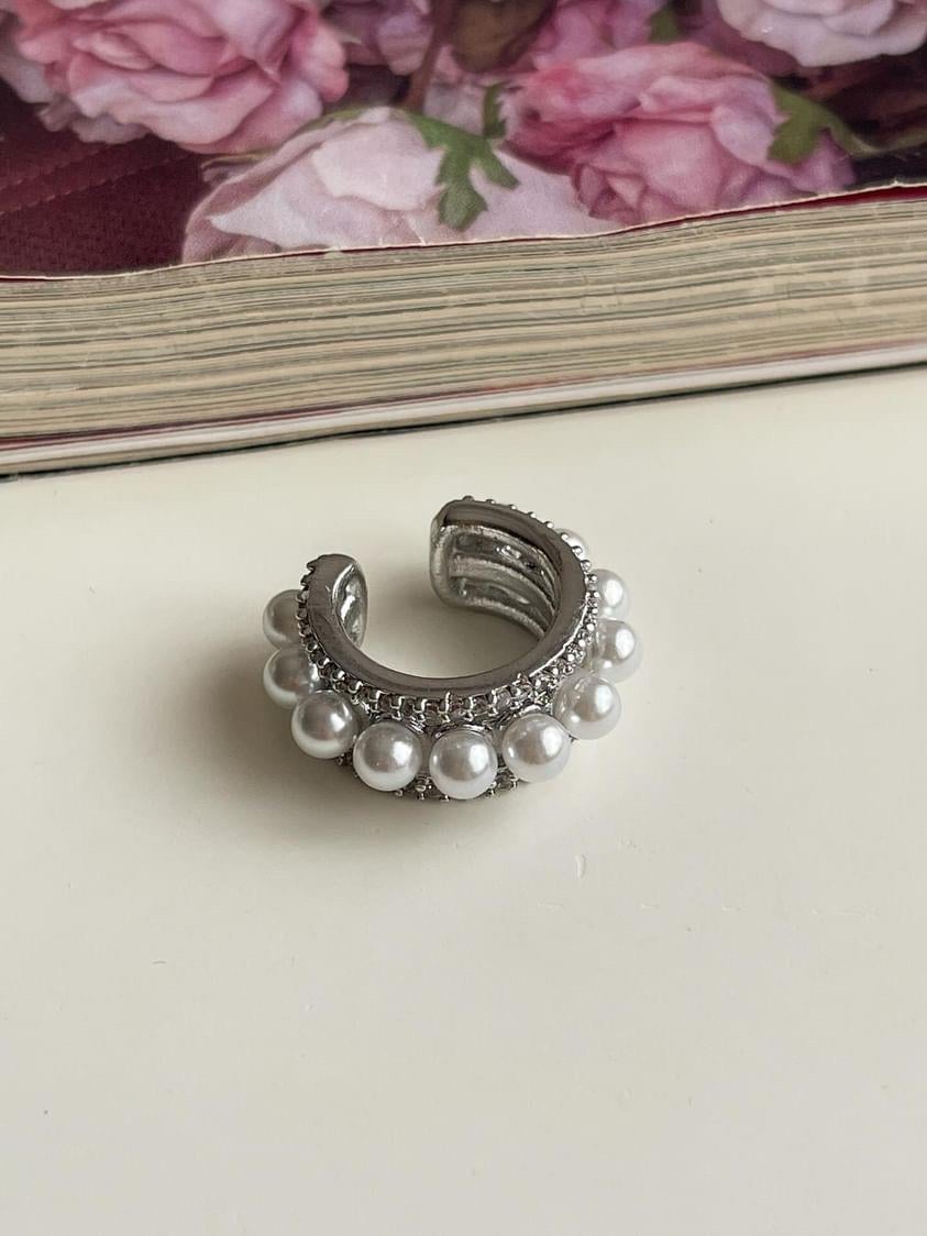 Gümüş Renk Zirkon Taşlı Tekli İncili Ear Cuff Küpe 