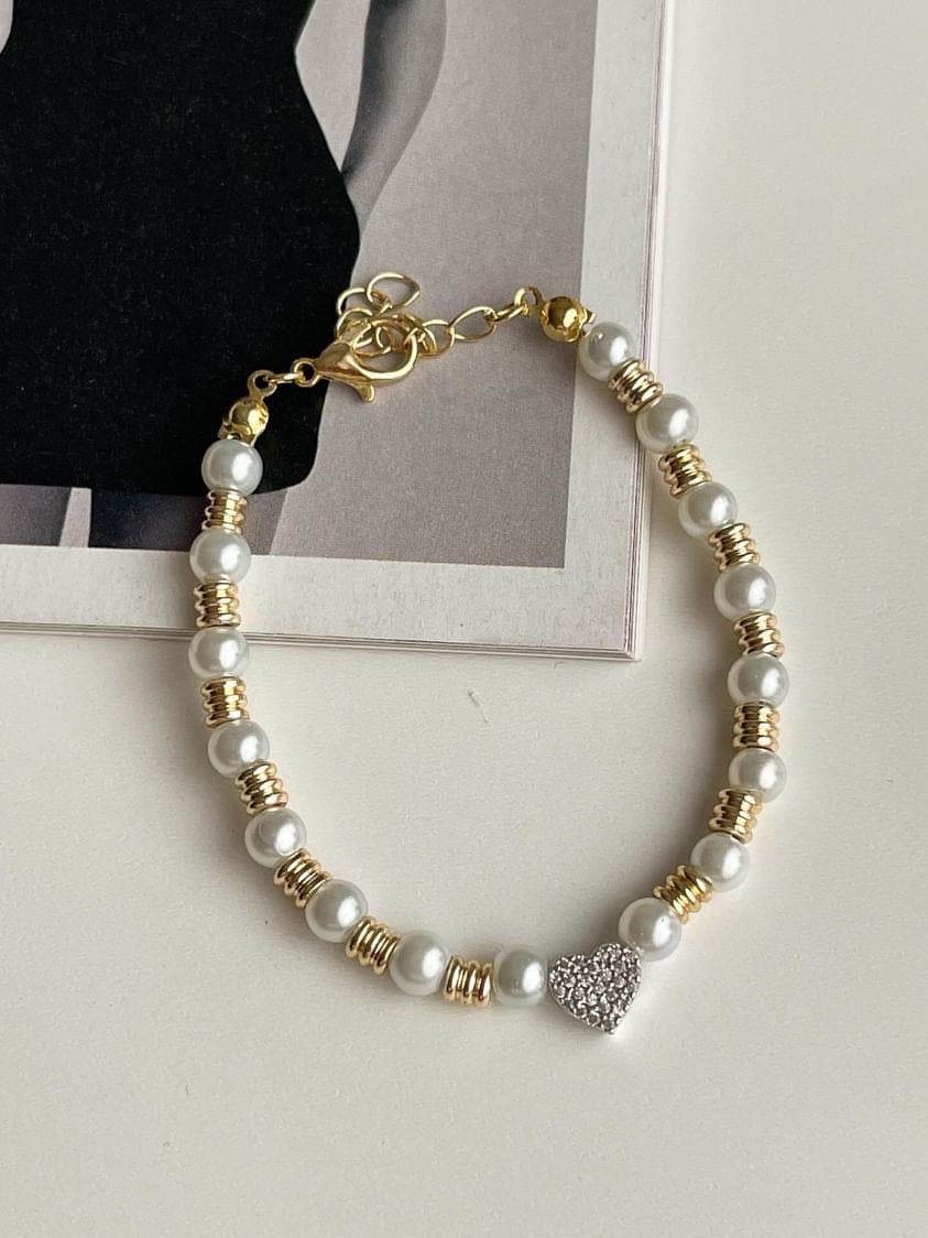 İnci Gold Kombinli Kalpli Bileklik (21 Cm)