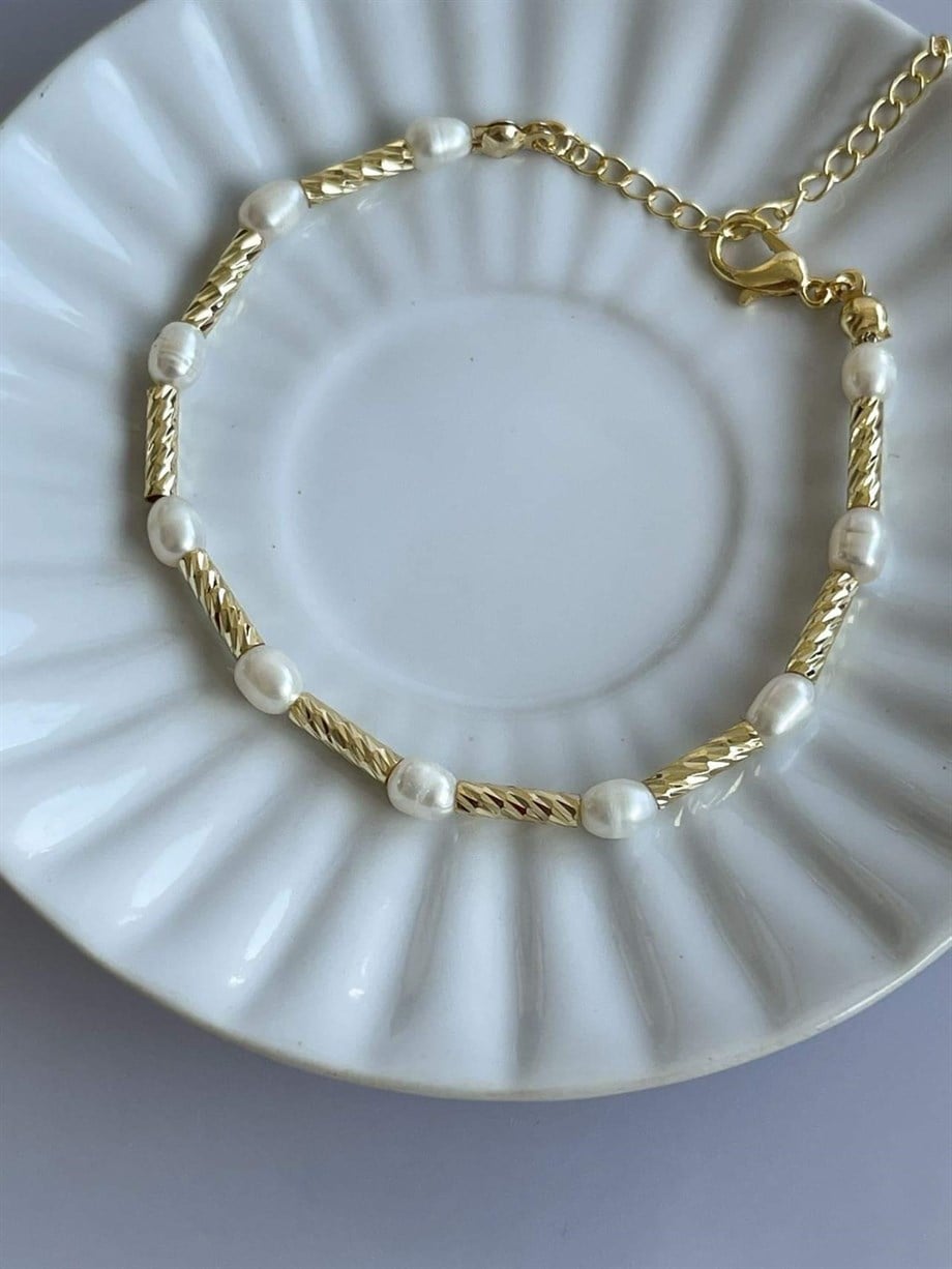 İncili Uzun Gold Boncuklu Bileklik (22 Cm)