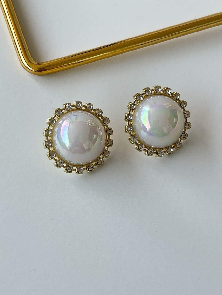 İthal Beyaz Sedefli Taşlı Vintage Küpe (2 Cm)