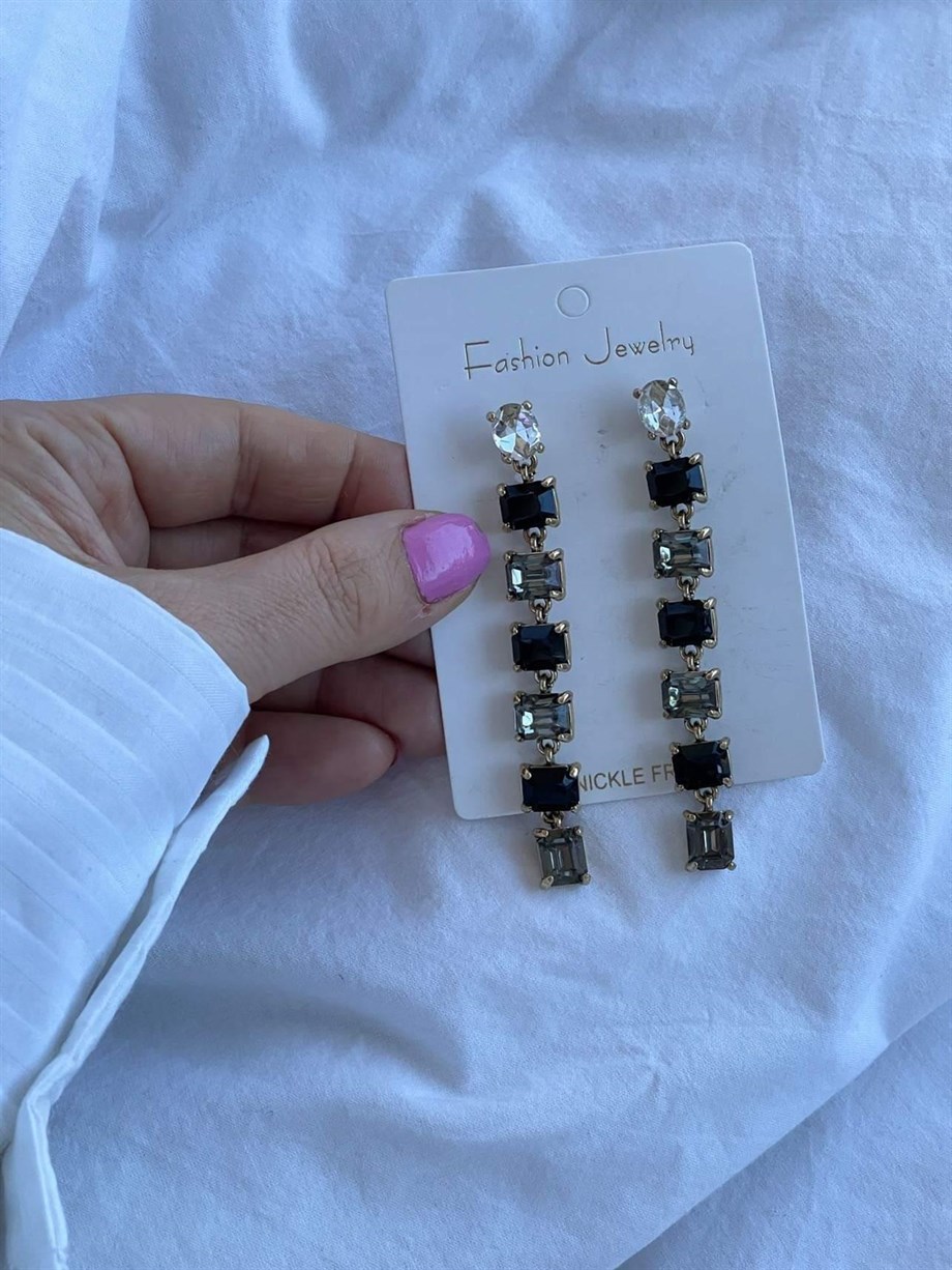 İthal Füme Siyah Taşlı Uzun Küpe (8,5 Cm)