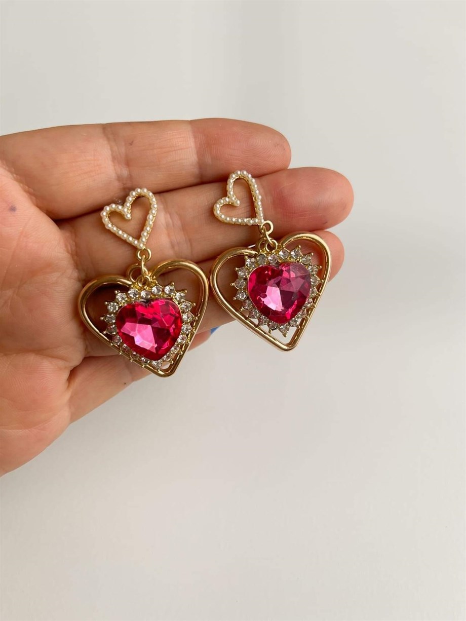 İthal Fuşya Taşlı İncili Küpe (4.5 Cm)
