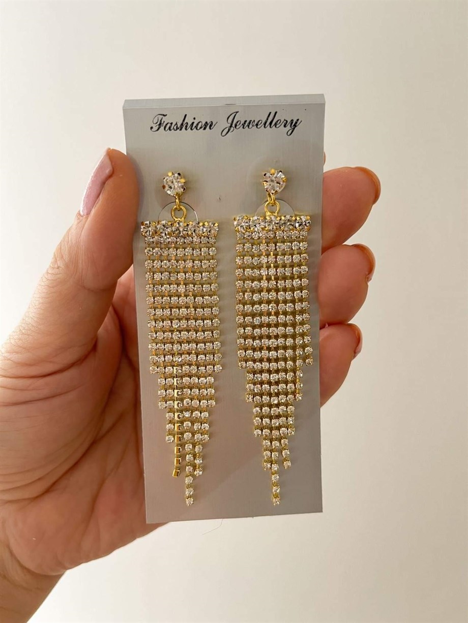 İthal Gold Zirkon Taşlı Sallantılı Küpe (8 Cm)
