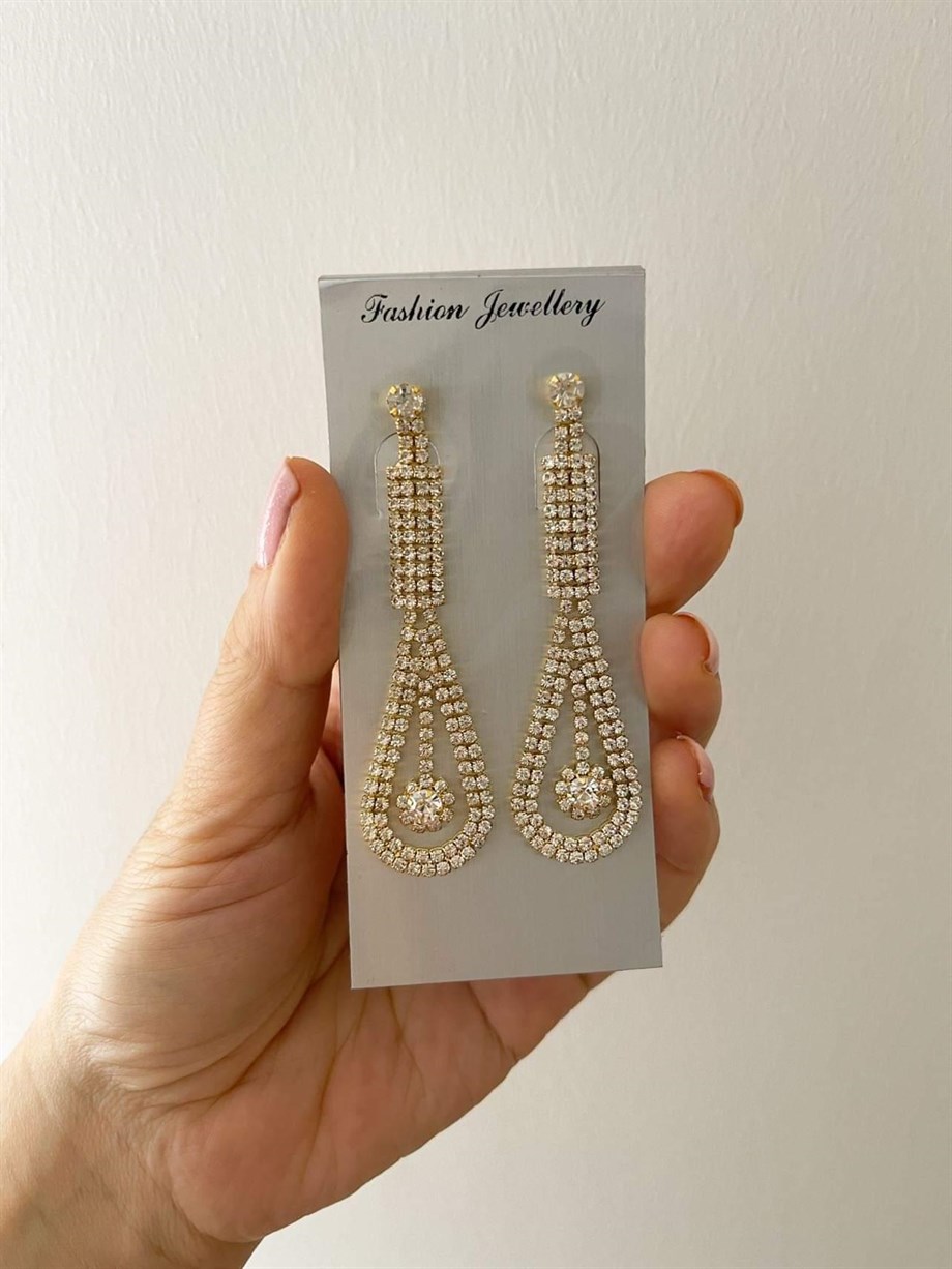 İthal Gold Zirkon Taşlı Sallantılı Küpe (7.5 Cm)