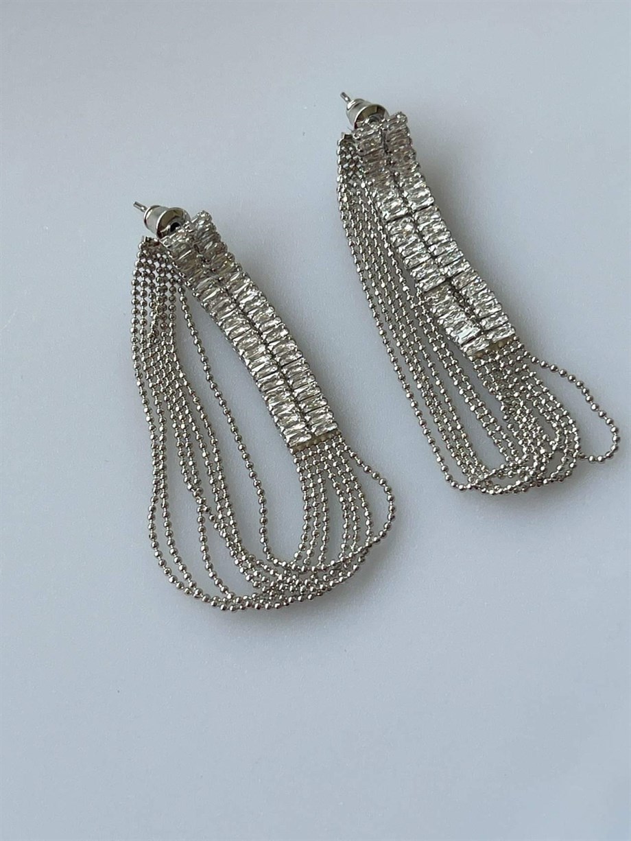 İthal Gümüş Renk Baget Taşlı Zincirli Küpe (5 Cm)