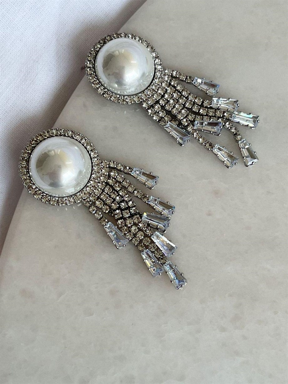 İthal Gümüş Renk İncili Küpe (5 Cm)