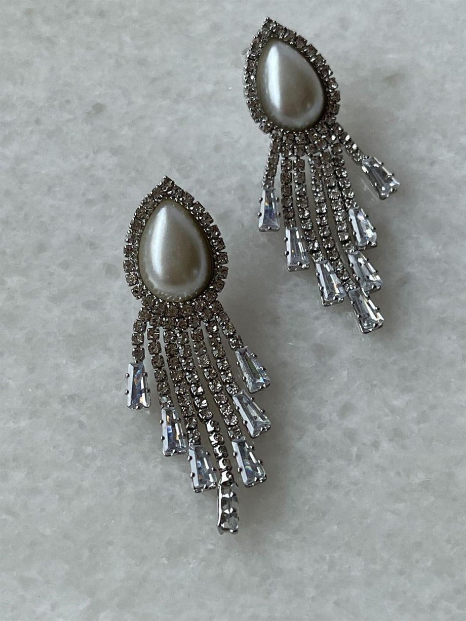 İthal Gümüş Renk İnicli Taşlı Küpe (5 Cm)