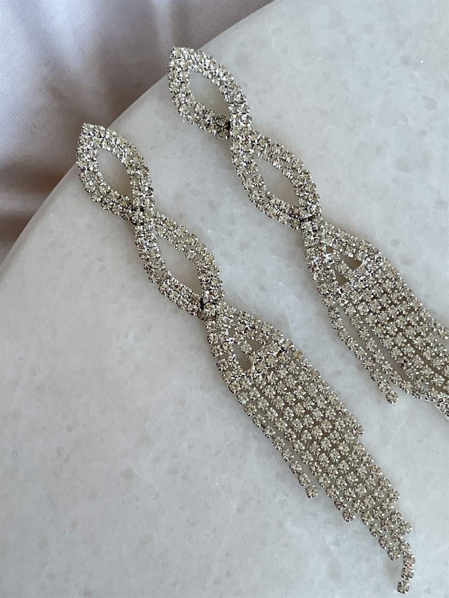 İthal Gümüş Renk Taşlı Uzun Küpe (10 Cm)