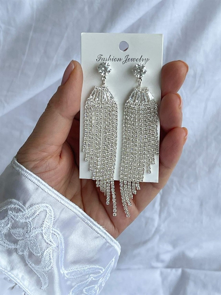 İthal Gümüş Renk Taşlı Uzun Küpe (9 Cm)