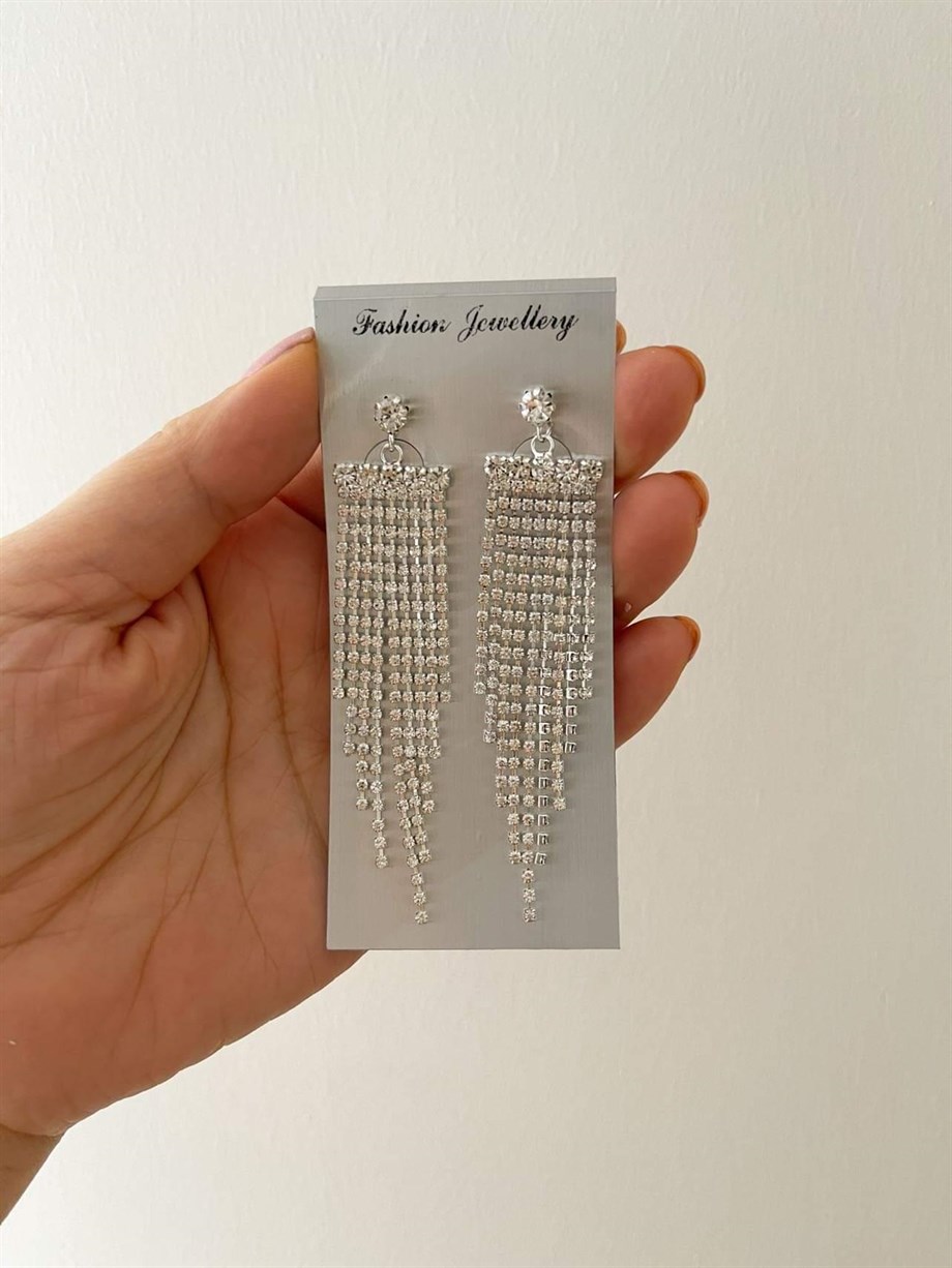 İthal Gümüş Renk Zirkon Taşlı Sallantılı Küpe (7.5 Cm)