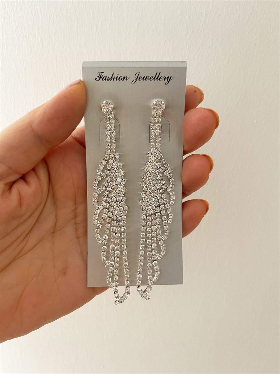 İthal Gümüş Renk Zirkon Taşlı Sallantılı Küpe (10 Cm)