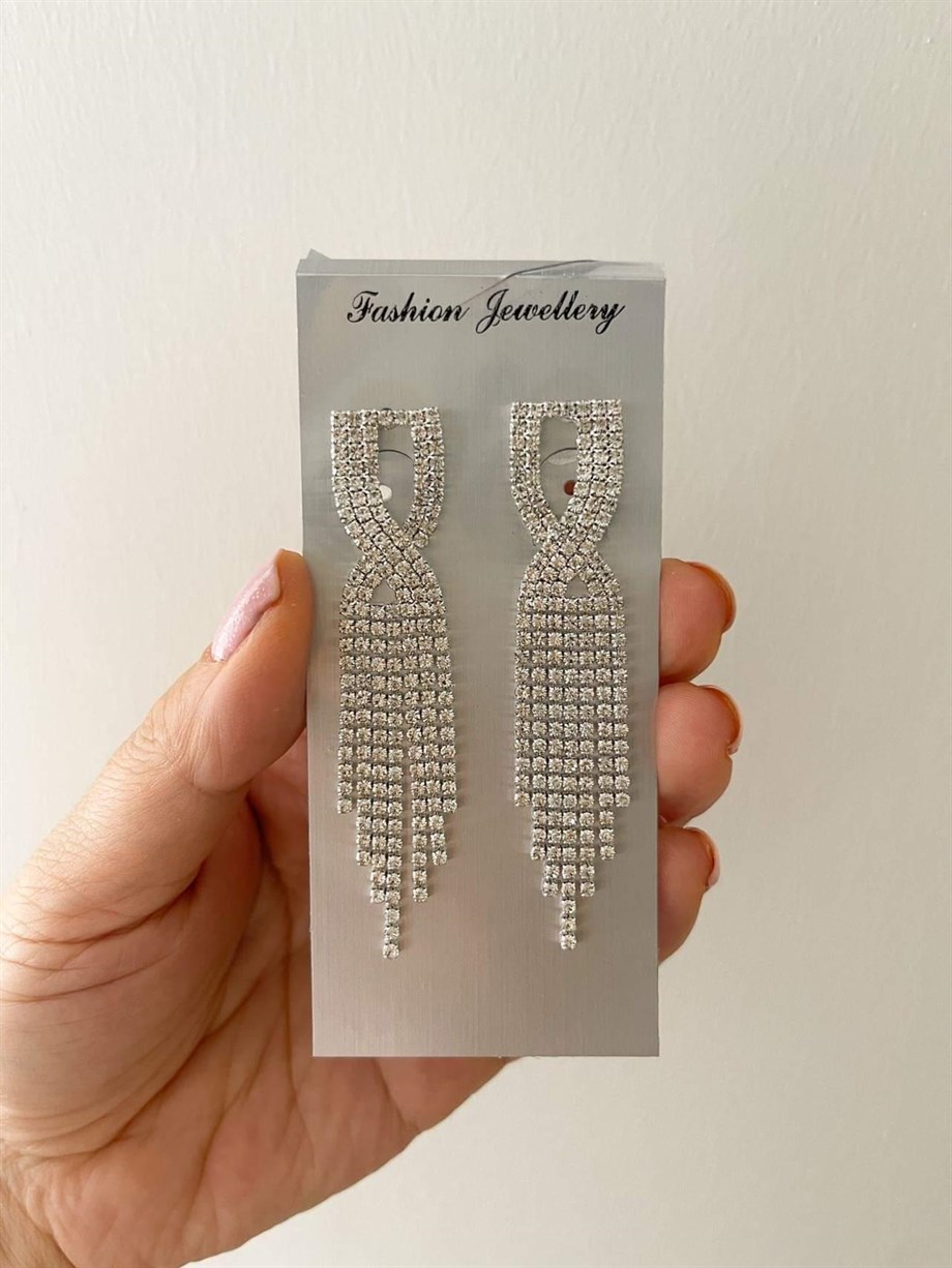 İthal Gümüş Zirkon Taşlı Sallantılı Küpe (7.5 Cm)