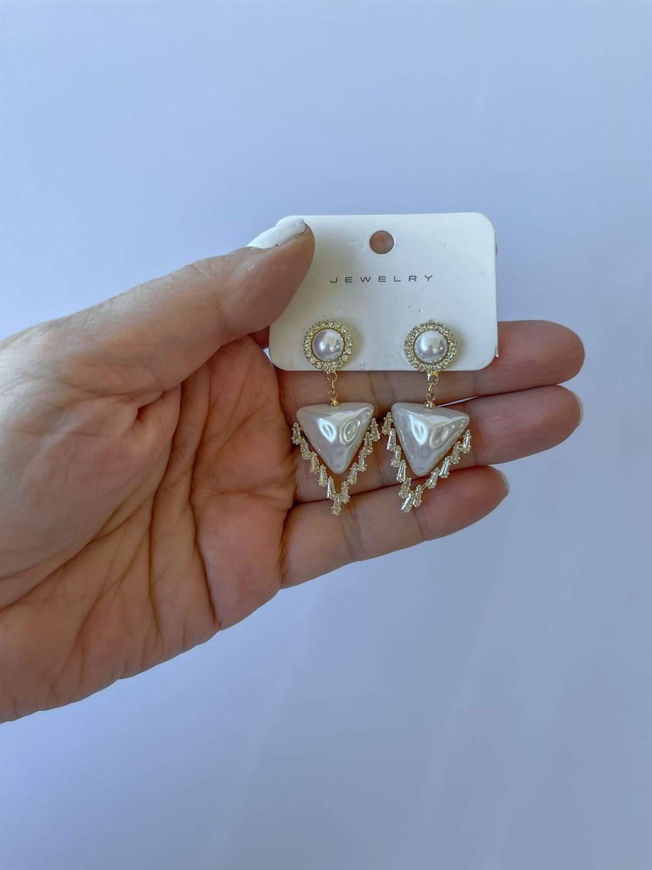 İthal İncili Kalp Taşlı Gold Küpe (7 Cm)