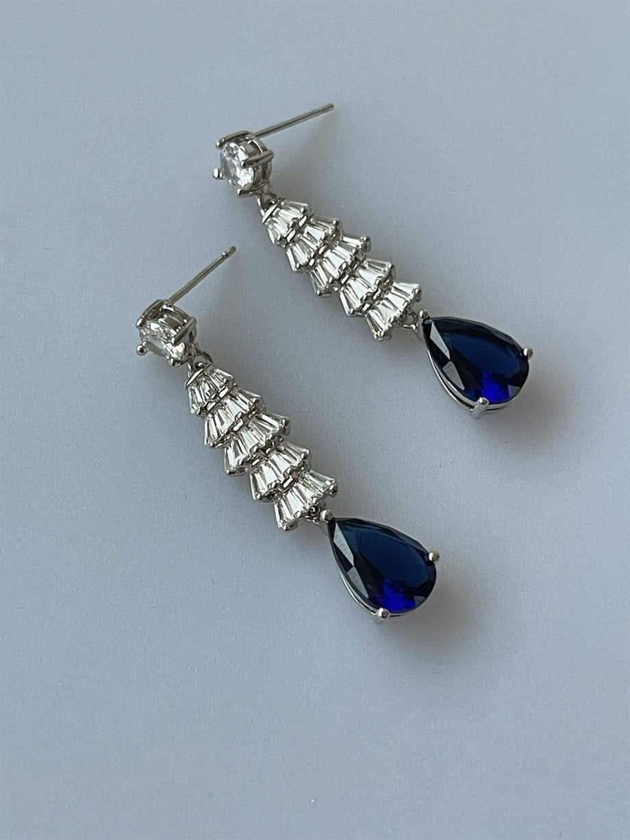 İthal Lacivert Damla Taşlı Baget Küpe (4 Cm)
