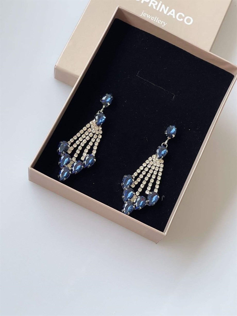 İthal Lacivert Taşlı Özel Gün Küpesi  (7 Cm)