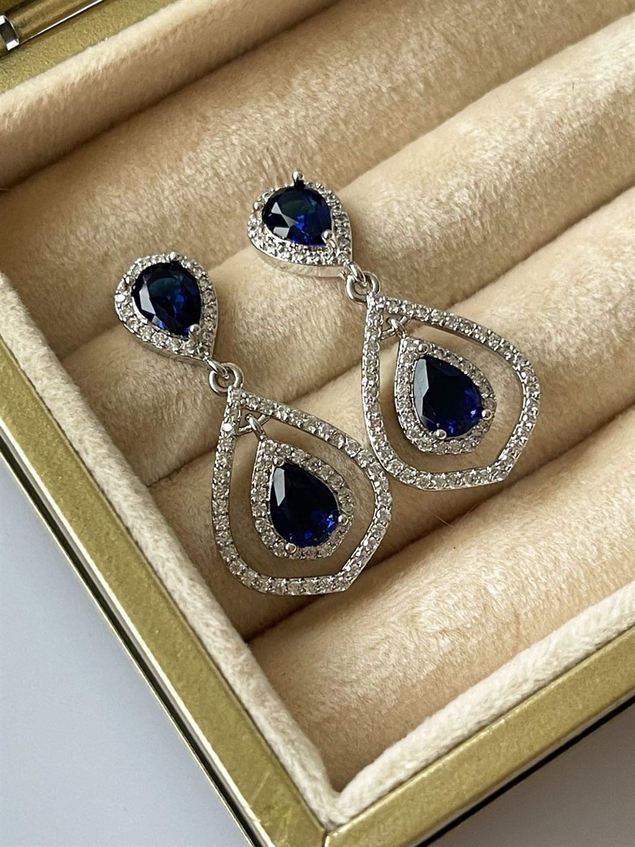 İthal Lacivert Taşlı Vıp Küpe (3.5 Cm)