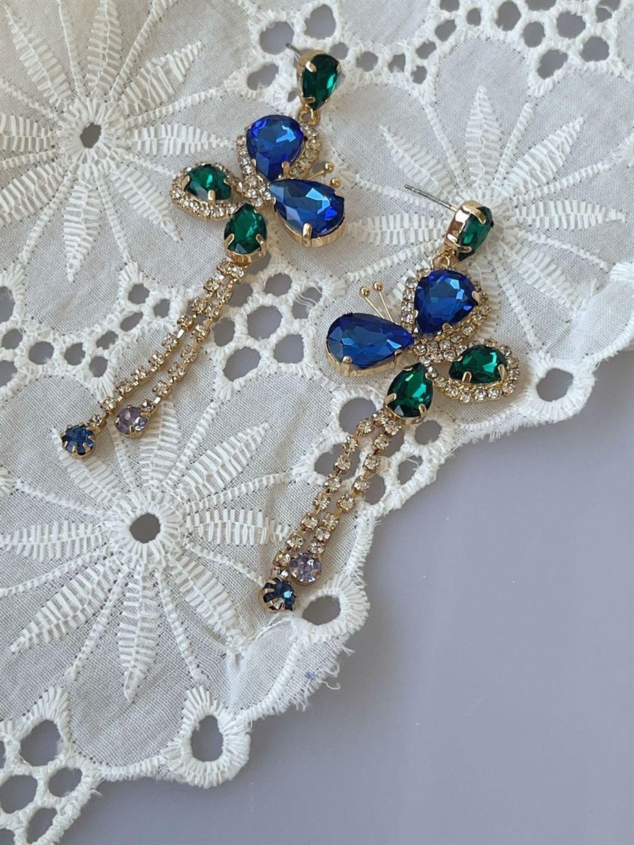 İthal Mavi Yeşil Taşlı Küpe (8 Cm)