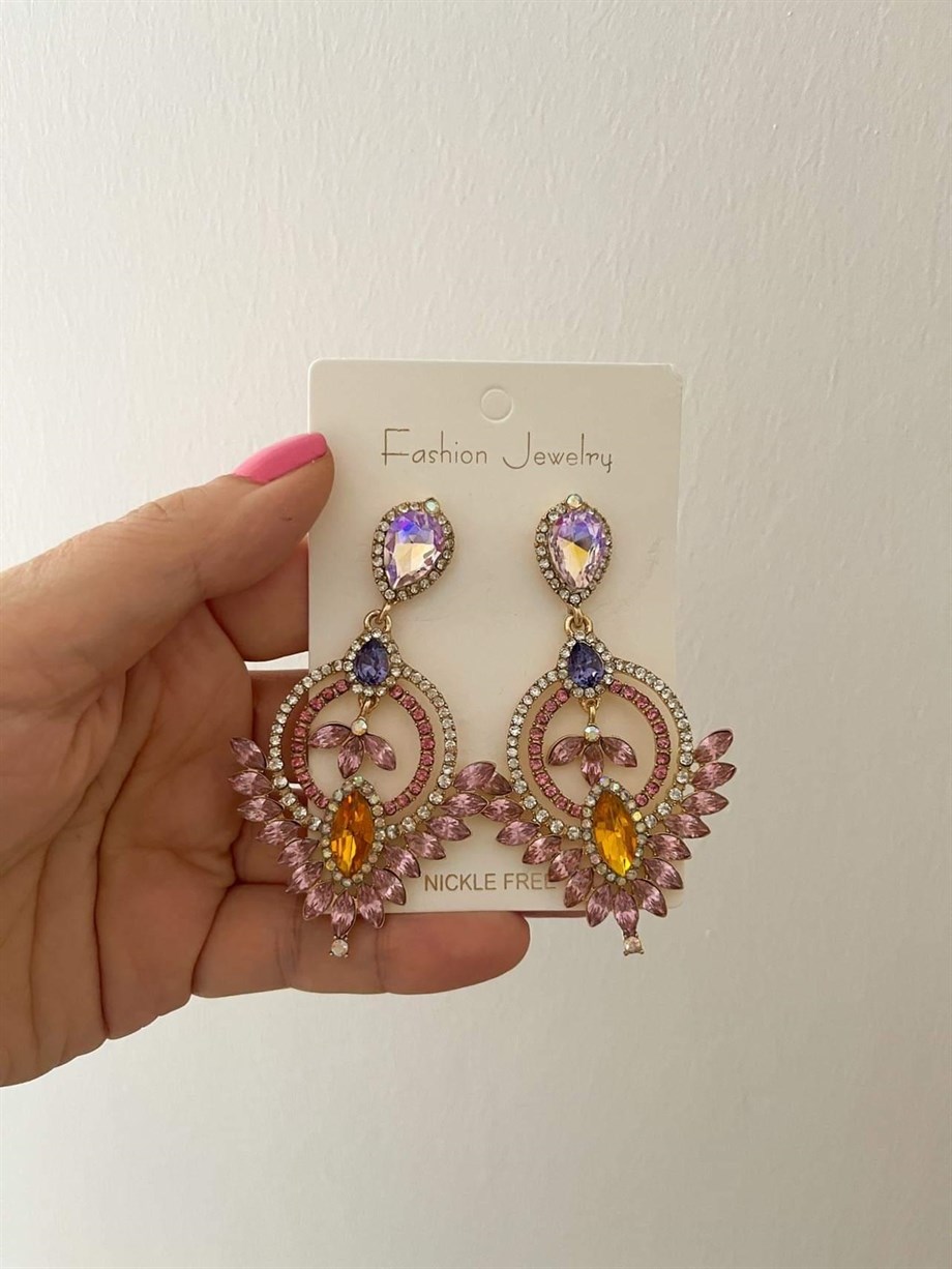 İthal Pudra Lila Taşlı Küpe (8 Cm)