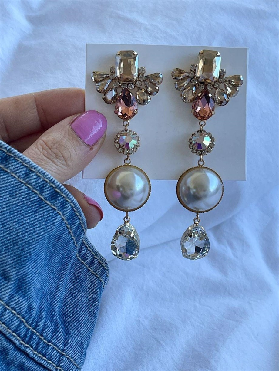 İthal Taşlı İncili Premium Küpe (9 Cm)