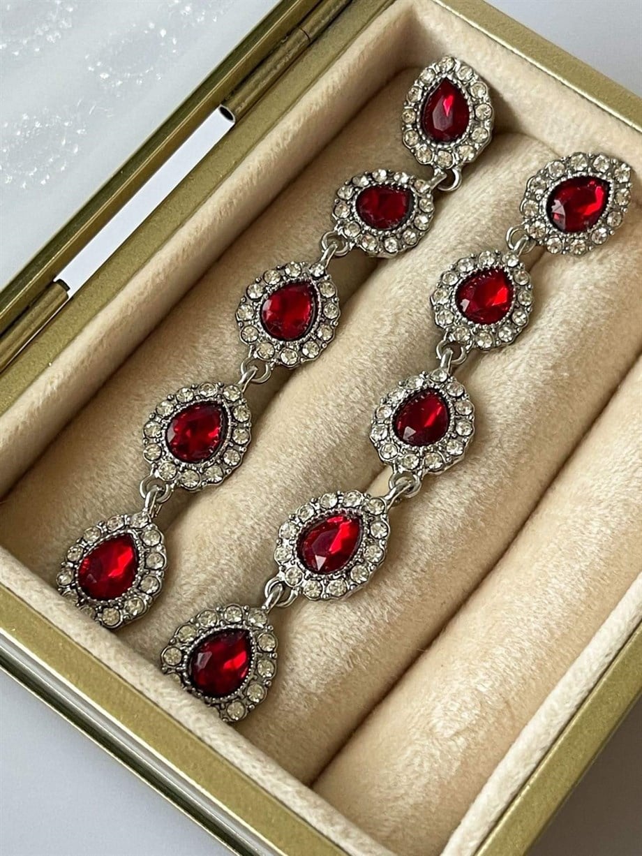 İthal Uzun Kırmızı Damla Taşlı Uzun Küpe (9 Cm)