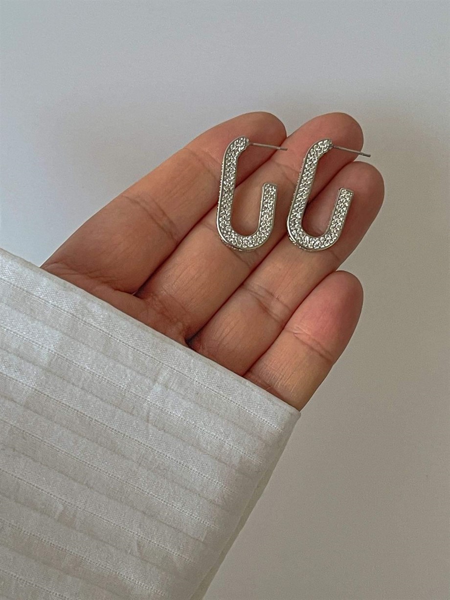 Kaplama Luva Gümüş Renk Zirkon Taşlı Küpe(3 Cm)