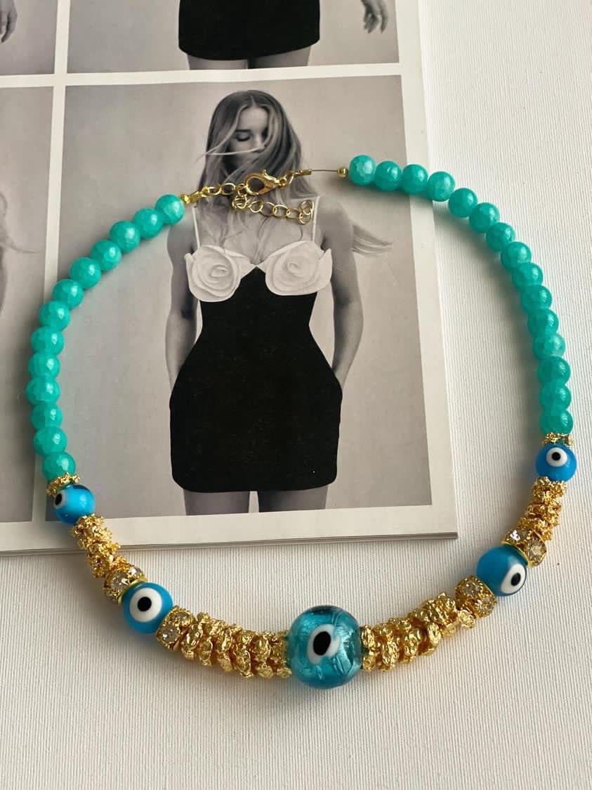 Mavi Gold Cam Nazar Boncuklu Summer Kolye (44 Cm)