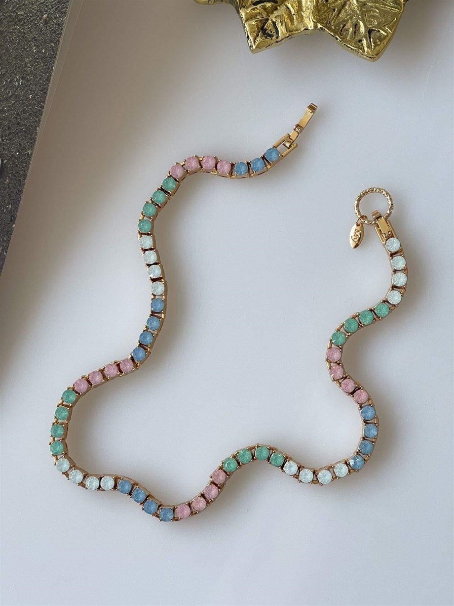 Mikron Altın Kaplama Yeşil Pembe Su Yolu Taşlı Phear Kolye (39 Cm)