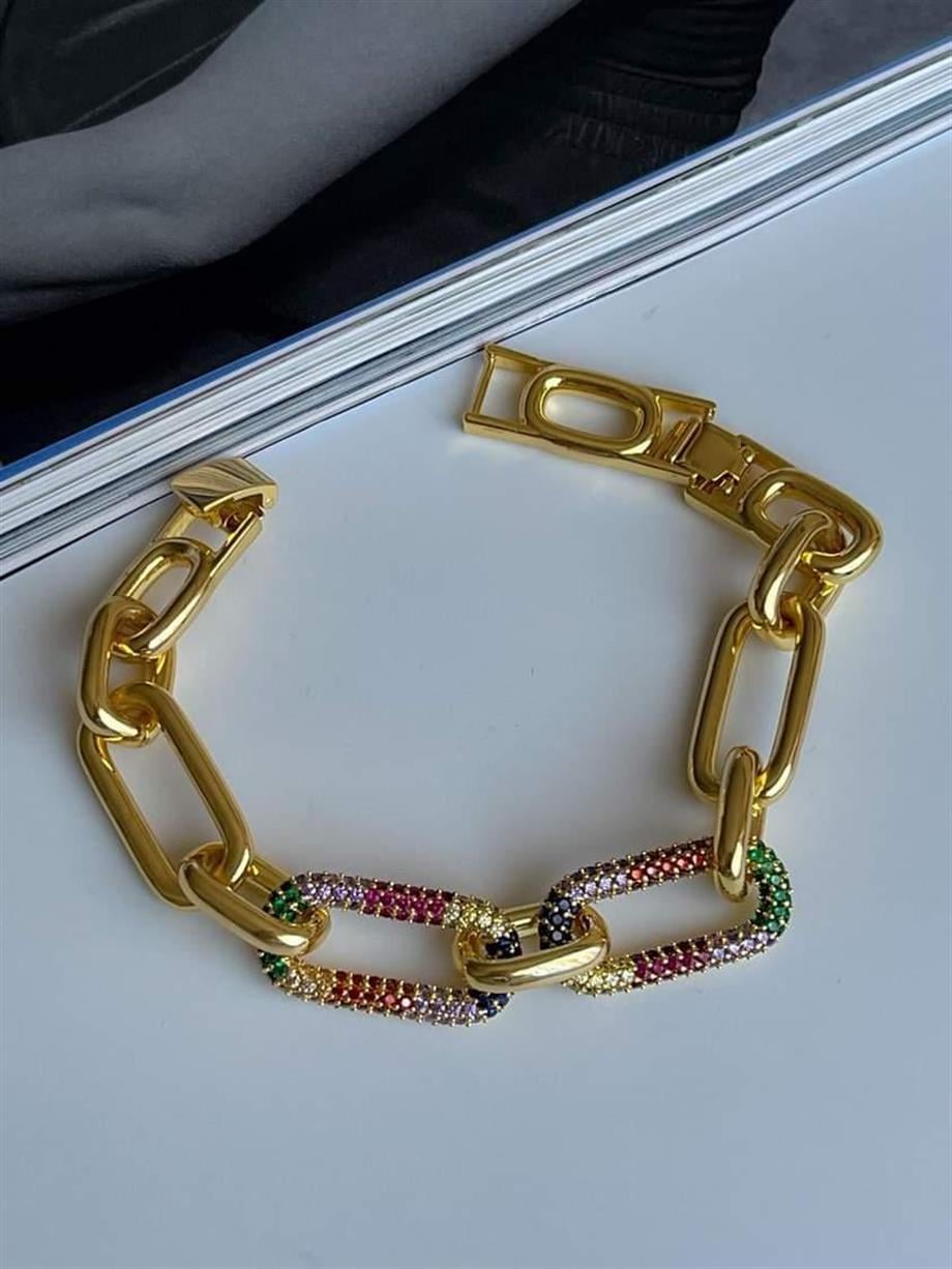 Özel Altın Kaplama Renkli Zirkon Taşlı Vip Kalın Bileklik (21 Cm)