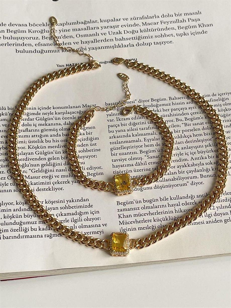 Özel Kaplama Altın Kaplama Safir Sarı Taşlı Vip Kolye (43 Cm)