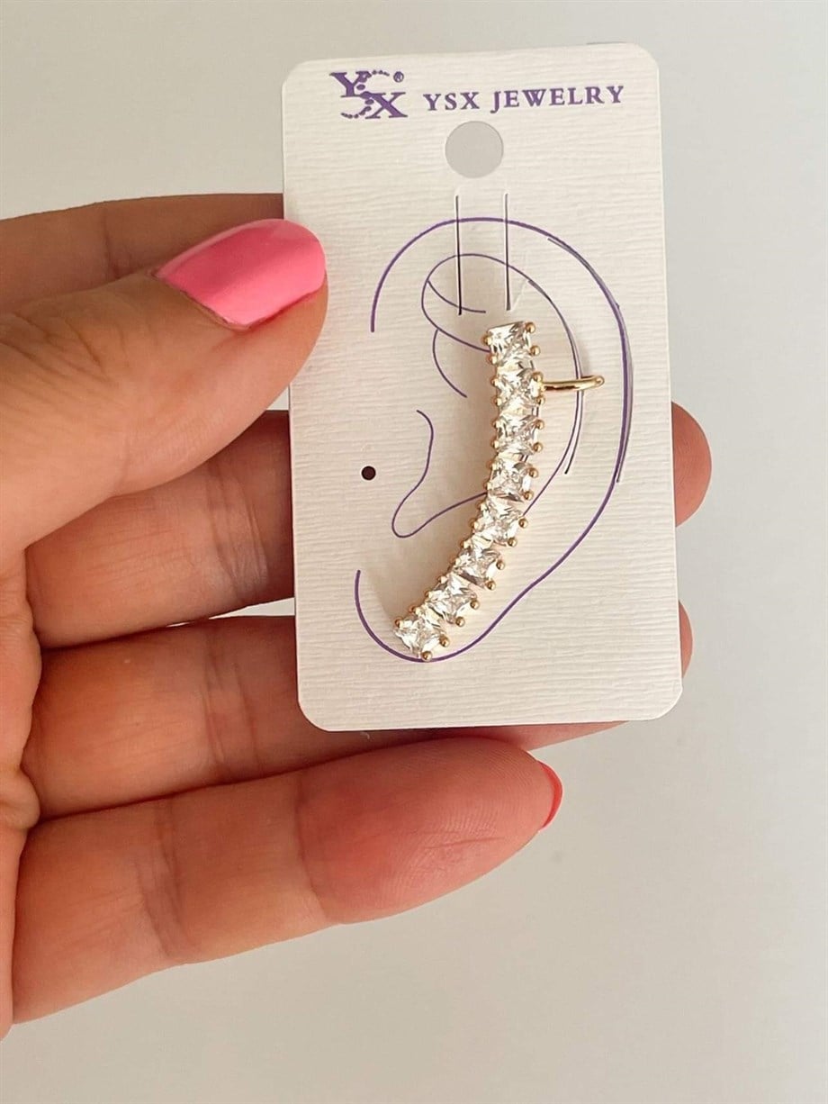 Özel Kaplama Baget Taşlı Tekli Ear Cuff Küpe (3.5 Cm