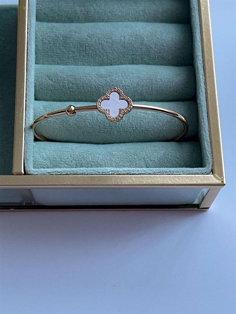 Özel Kaplama Beyaz Taşlı Van Cleef Minimal Kelepçe Bileklik 